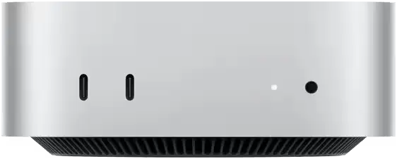 Mac mini 正面，两枚 USB-C、指示灯和耳机孔