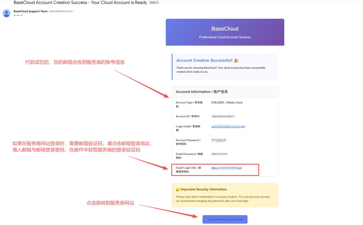邮箱接收云服务商账号信息示意图